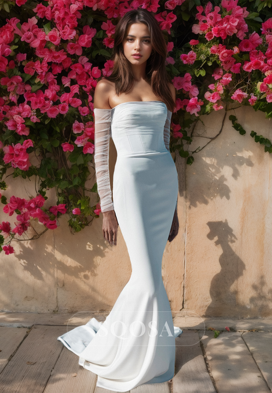 Tube Top Tulle Long-Sleeves Mermaid Wedding Dress Pleated with Train Satin Bride Gowns