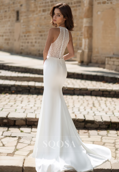 High-Neck Sleeveless Beaded Applique Cutout Train Mermaid Wedding Dress with Lace Overskirt