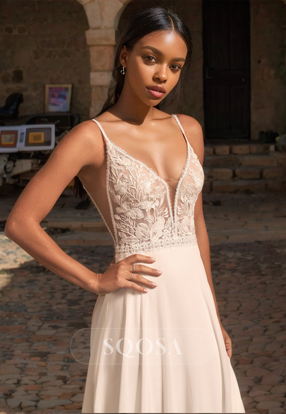 Deep V-Neck Spaghetti Straps A-Line Bride Gowns Sleeveless Applique Cutout Train Wedding Dress