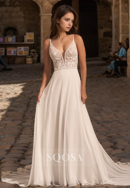 Deep V-Neck Spaghetti Straps A-Line Bride Gowns Sleeveless Applique Cutout Train Wedding Dress