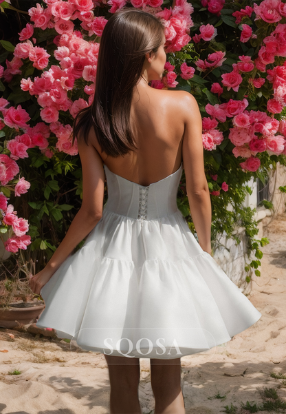 Puff-Sleeves Sweetheart Off-Shoulder Pleated Satin A-Line Short Boho Beach Wedding Dress