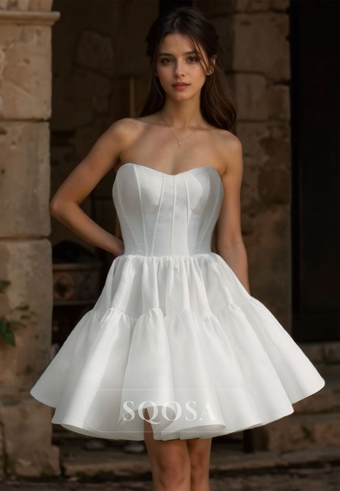 Puff-Sleeves Sweetheart Off-Shoulder Pleated Satin A-Line Short Boho Beach Wedding Dress