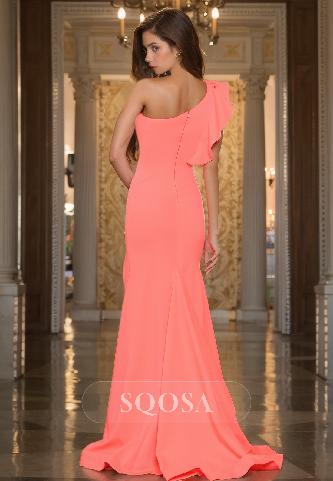 Ruffled Asymmetrical-Neck Off-Shoulder Sleeveless Prom Dress Pleated Sweep Train Party Gowns with Slit