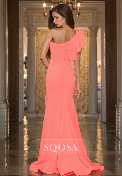 Ruffled Asymmetrical-Neck Off-Shoulder Sleeveless Prom Dress Pleated Sweep Train Party Gowns with Slit