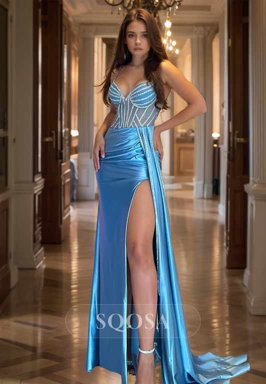 Off-Shoulder Spaghetti Straps V-Neck Sleeveless Beaded Sequined Pleated Fitted Prom Dress with High Slit