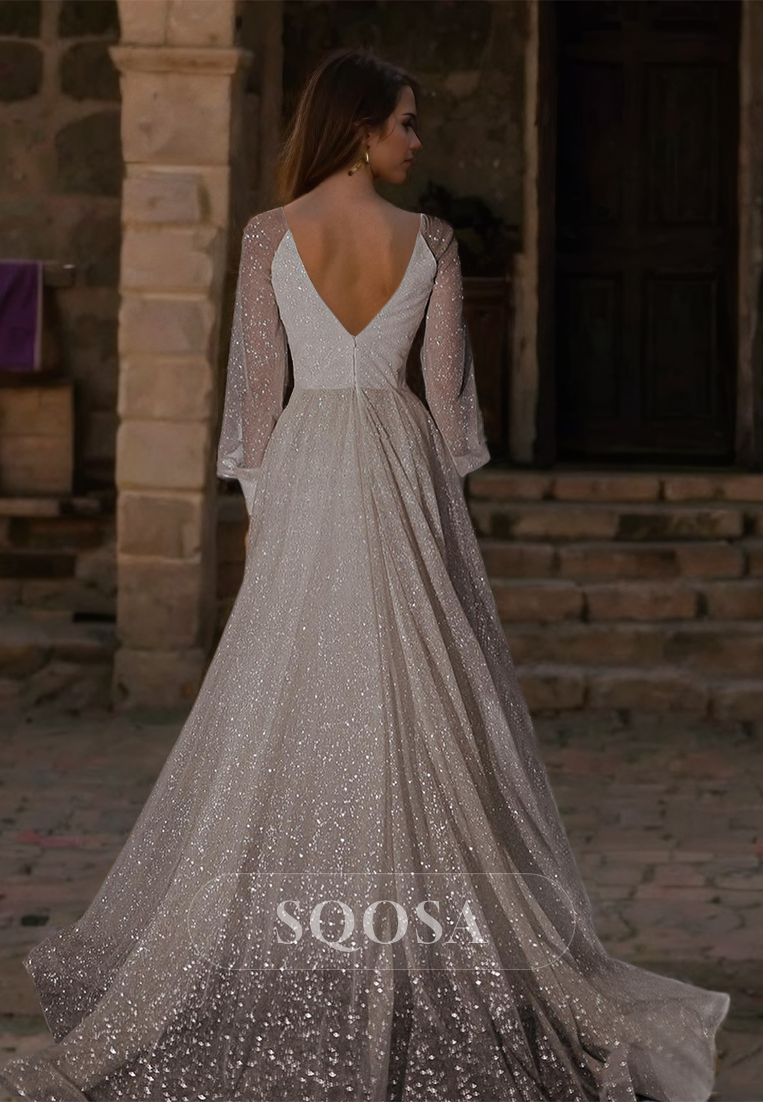 Glitter-Knit High Slit A-line Bride Gowns Deep V-Neck Long-Sleeves Pleated Floor-Length Wedding Dress