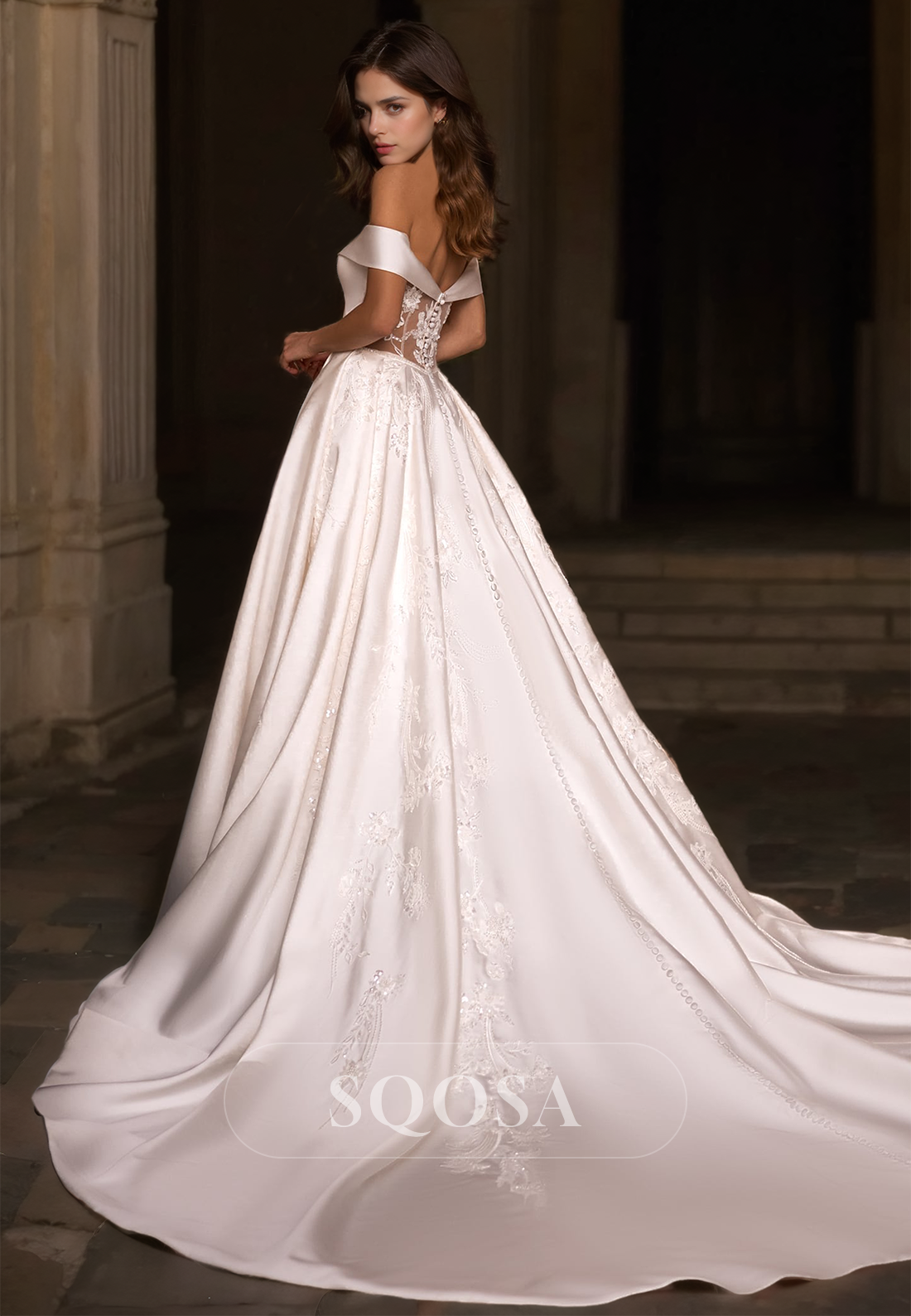 A-Line Sweetheart Off-Shoulder Bride Dress Applique Cutout Wedding Dress with Train