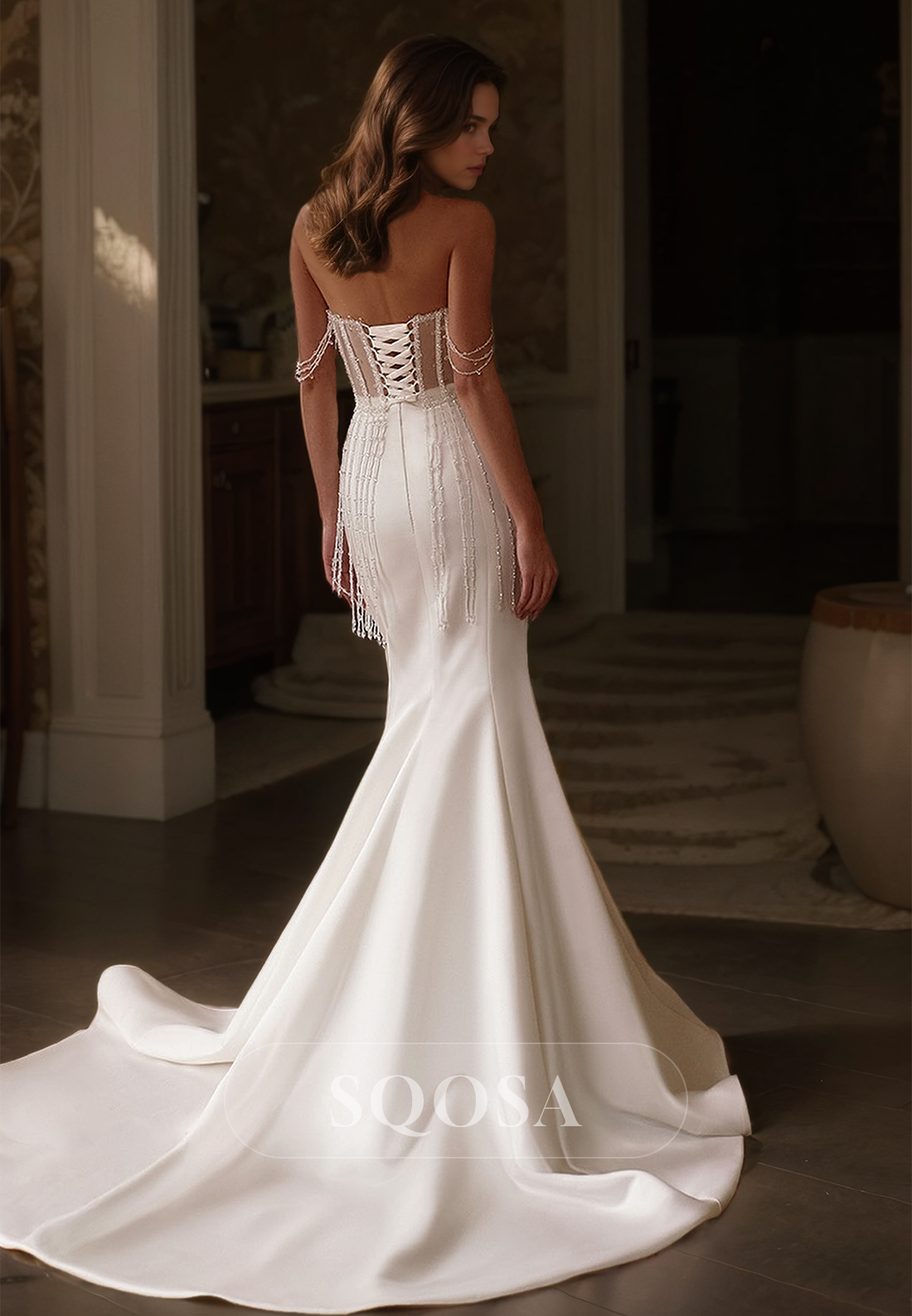 Sweetheart Sleeveless Off-Shouldwer Mermaid Wedding Dress Beaded Train Satin Bride Gowns