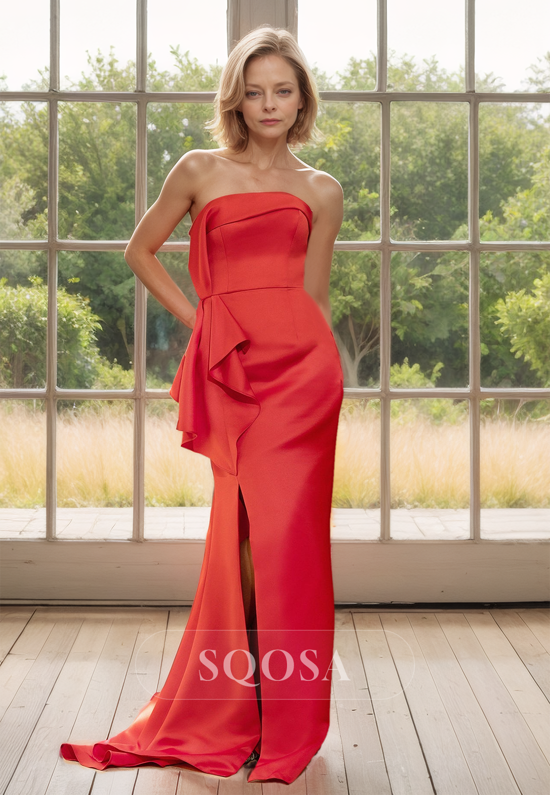 Sleeveless Tube Top SatinMermaid Mother of the Bride Dress Pleated Train Cocktail Gowns with Slit