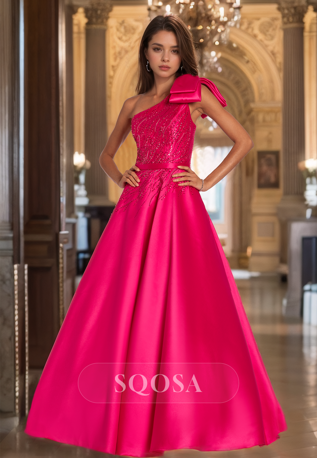 Asymmetrical-Neck Off-Shoulder Sleeveless Party Gowns Beaded Pleated A-Line Prom Dress with Big Bow