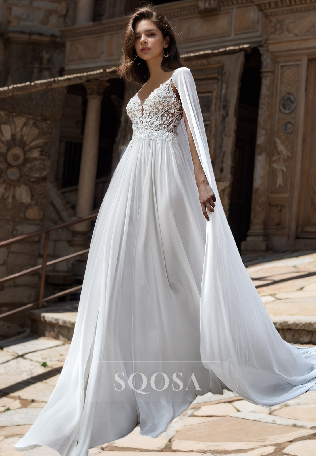 Spaghetti Straps V-Neck Chiffon A-Line Wedding Dress Sleeveless Applique Cutout Bride Gowns with Train