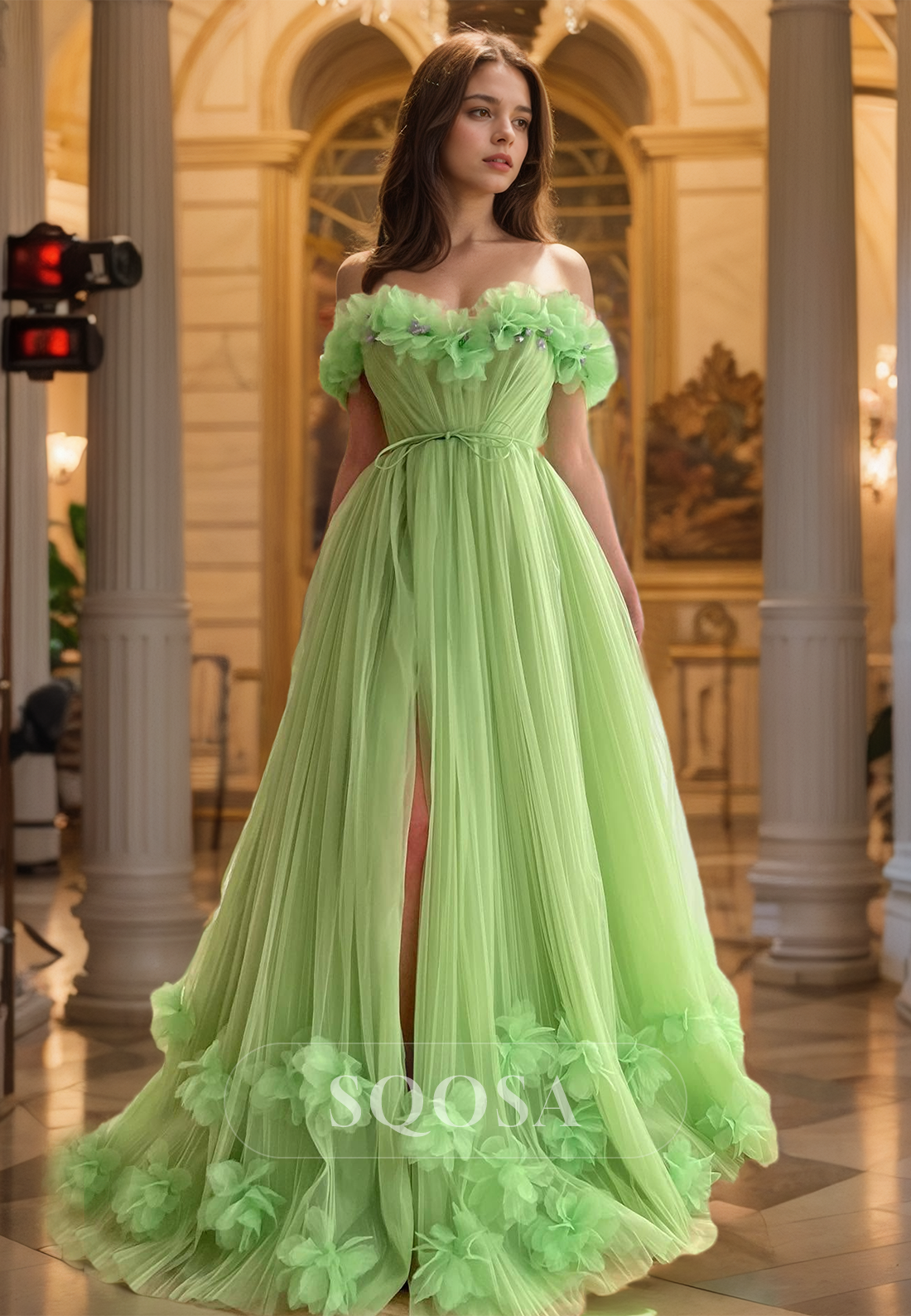 Scoop-Neck Off-Shoulder Tulle  A-Line Prom Dress Pleated Beaded Slit Train Party Gowns with Floral Embellished