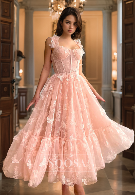 Spaghetti Straps Sweetheart Sleeeless A-Line Prom Dress Allover Lace Butterfly Applique Evening Gowns