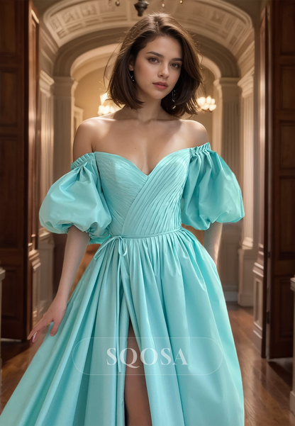 Puff-Sleeves Sweetheart Pleated Satin Formal Dress High Slit Floor-Length A-Line Prom Dress