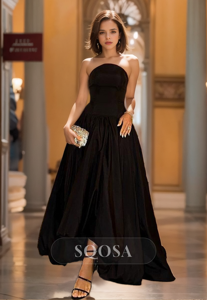 Tube Top Off-Shoulder Satin A-Line Prom Dress Pleated Floor-Length Sheath Long Party Gowns