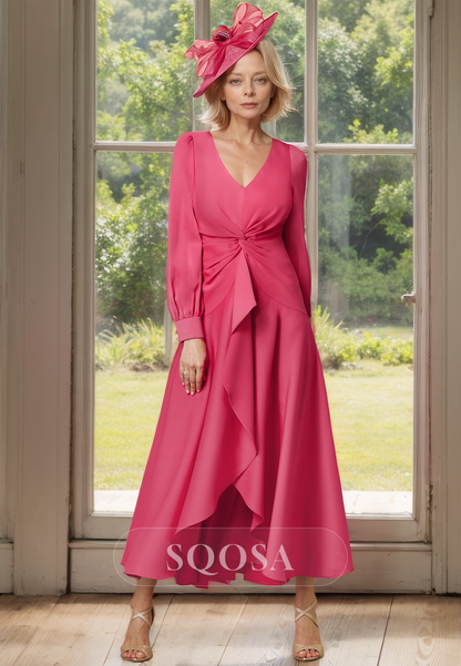 Long-Sleeves V-Neck A-Line Mother of the Bride Dress Pleated Chiffon High-Low Cocktail Gowns