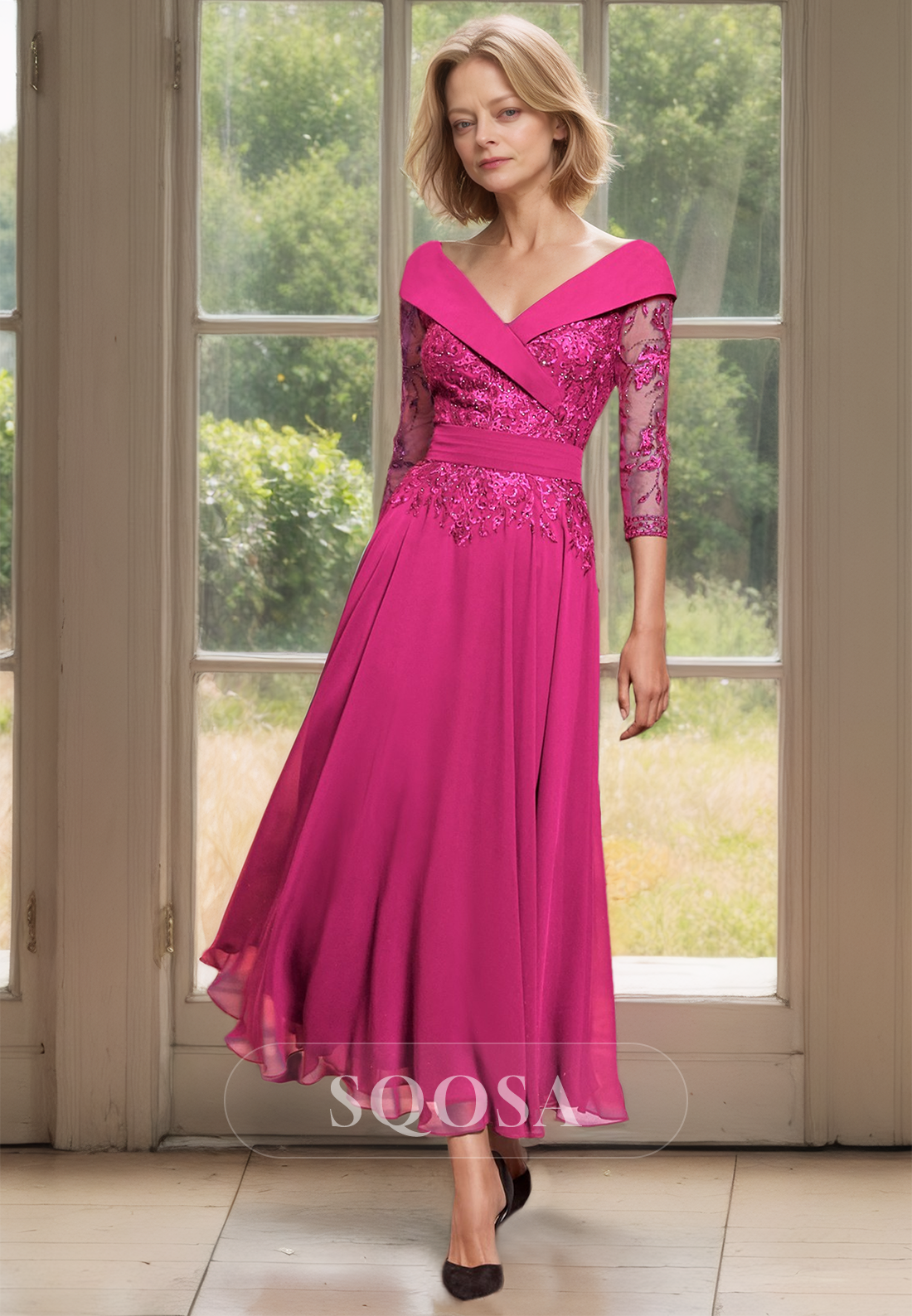 A-Line V-Neck 3/4 Sleeves Chiffon Cocktail Dress Lace Applique Pleated Mother of the Bride Dress