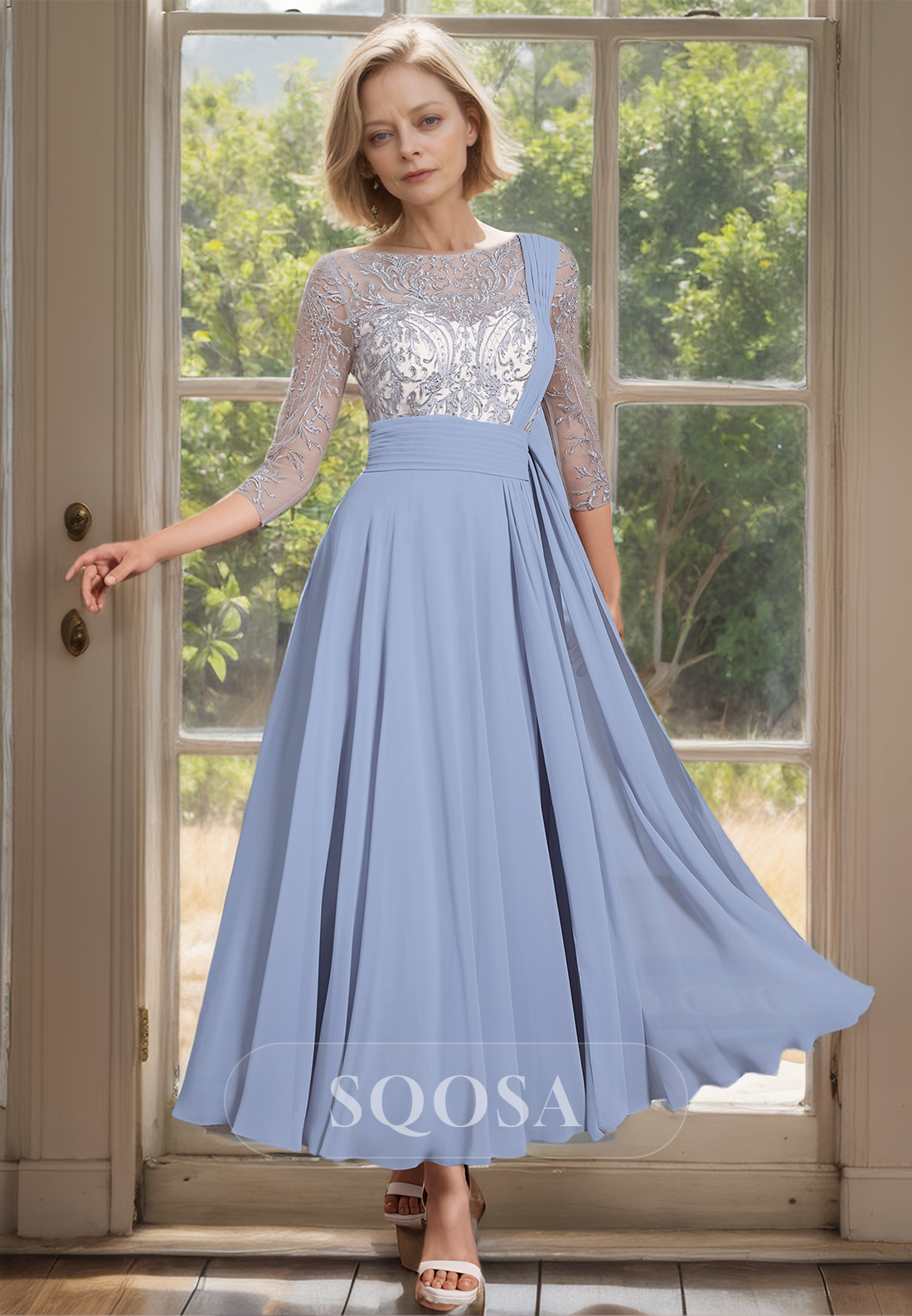 Scoop-Neck Long-Sleeves Chiffon A-Line Mother of the Bride Gowns Lace Applique Beaded Sheer Cocktail Dress