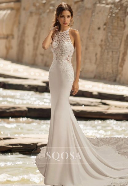 High Scoop-Neck Off-Shoulder Mermaid Wedding Dress Sleeveless Applique Bride Gowns with Lace Train