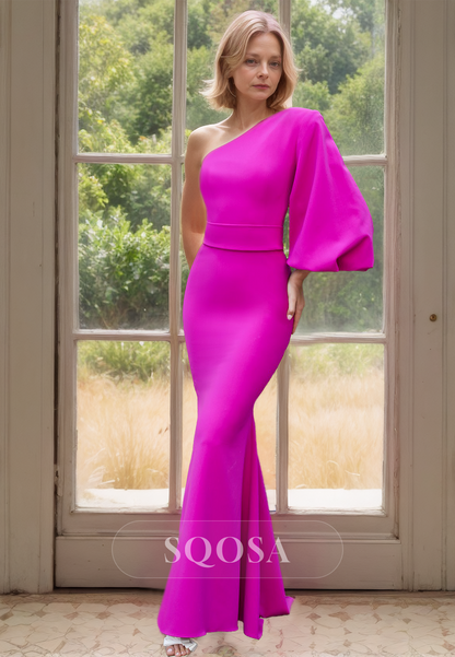 Asymmetrical-Neck One-Puff-Sleeve Off-Shoulder Floor-Length Satin Merm SQOSA Asymmetrical-Neck One-Puff-Sleeve Off-Shoulder Floor-Length Satin Merm SQOSA