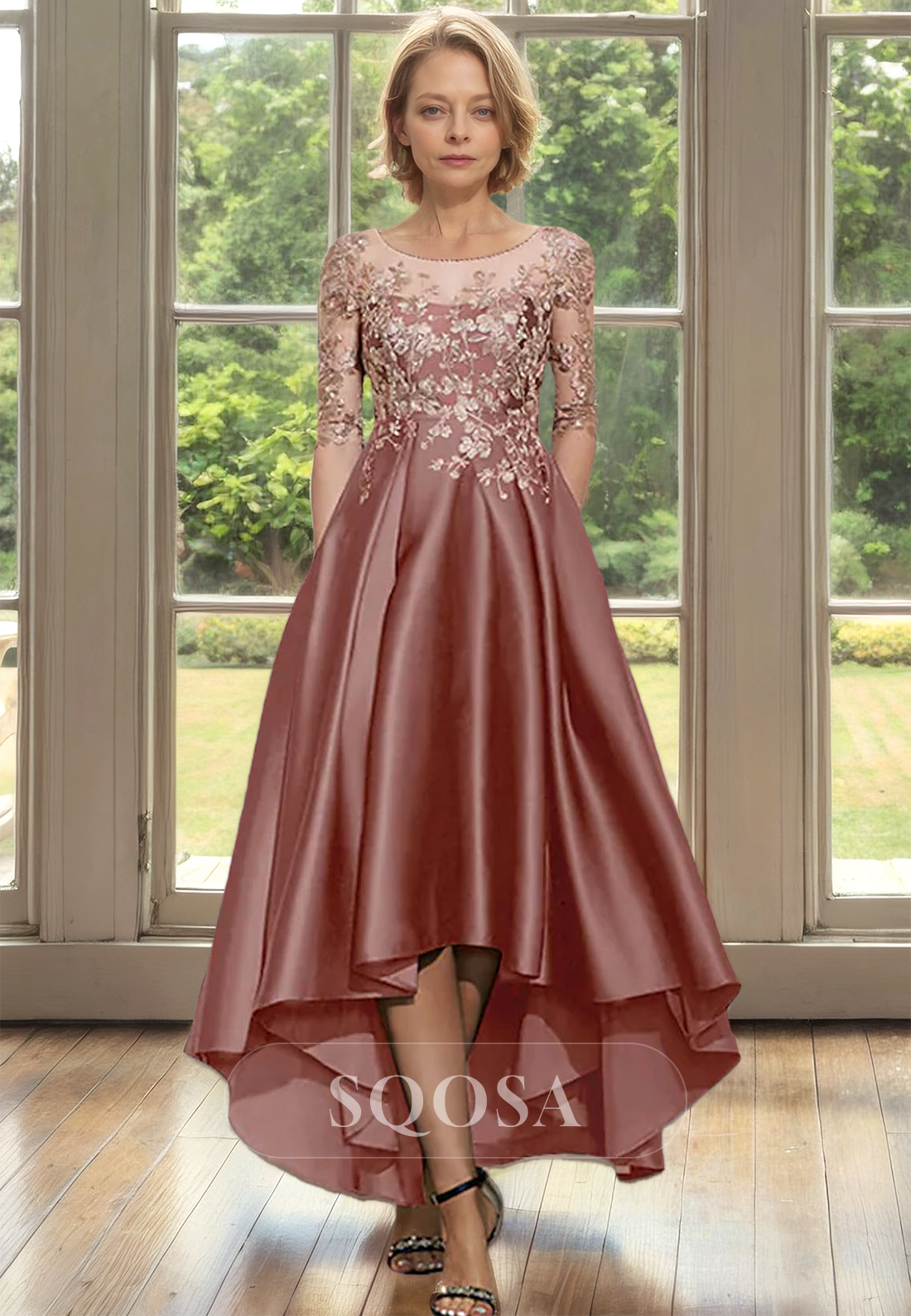 Scoop-Neck Half-Sleeves Applique Cocktail Dress High-Low Floor-Length A-Line Mother of the Bride Dress