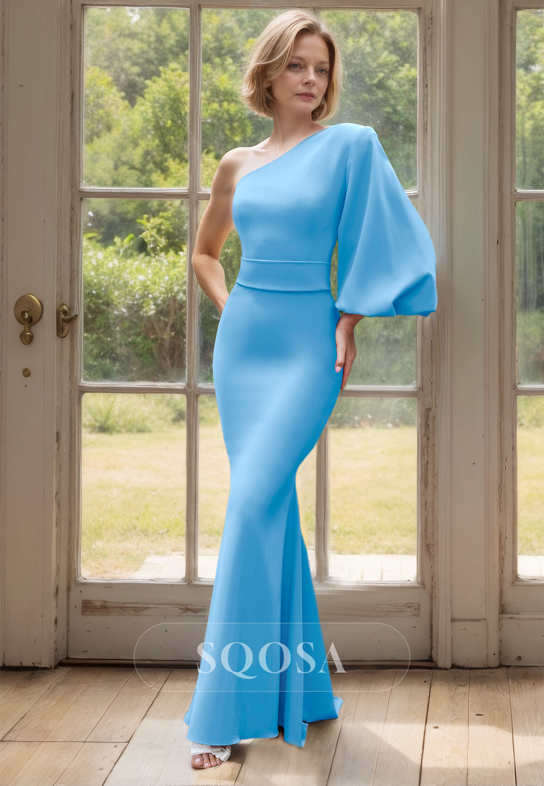 Asymmetrical-Neck One-Puff-Sleeve Off-Shoulder Floor-Length Satin Mermaid Mother of the Bride Dress