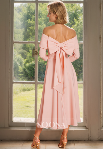 Tube Top Long-Sleeves Chiffon Pleated Cocktail Gowns Off-Shoulder Midi Mother of the Bride Dress