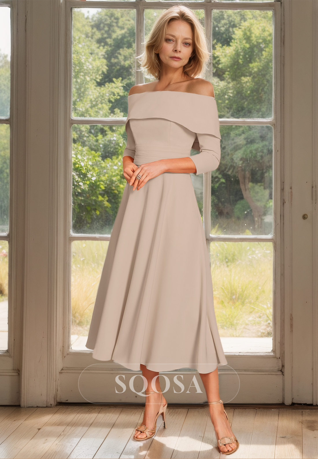 Tube Top Long-Sleeves Chiffon Pleated Cocktail Gowns Off-Shoulder Midi Mother of the Bride Dress