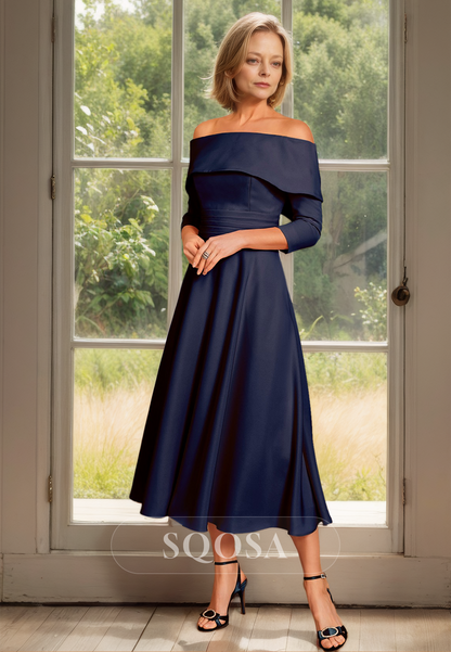 Tube Top Long-Sleeves Chiffon Pleated Cocktail Gowns Off-Shoulder Midi Mother of the Bride Dress