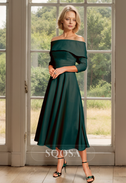 Tube Top Long-Sleeves Chiffon Pleated Cocktail Gowns Off-Shoulder Midi Mother of the Bride Dress