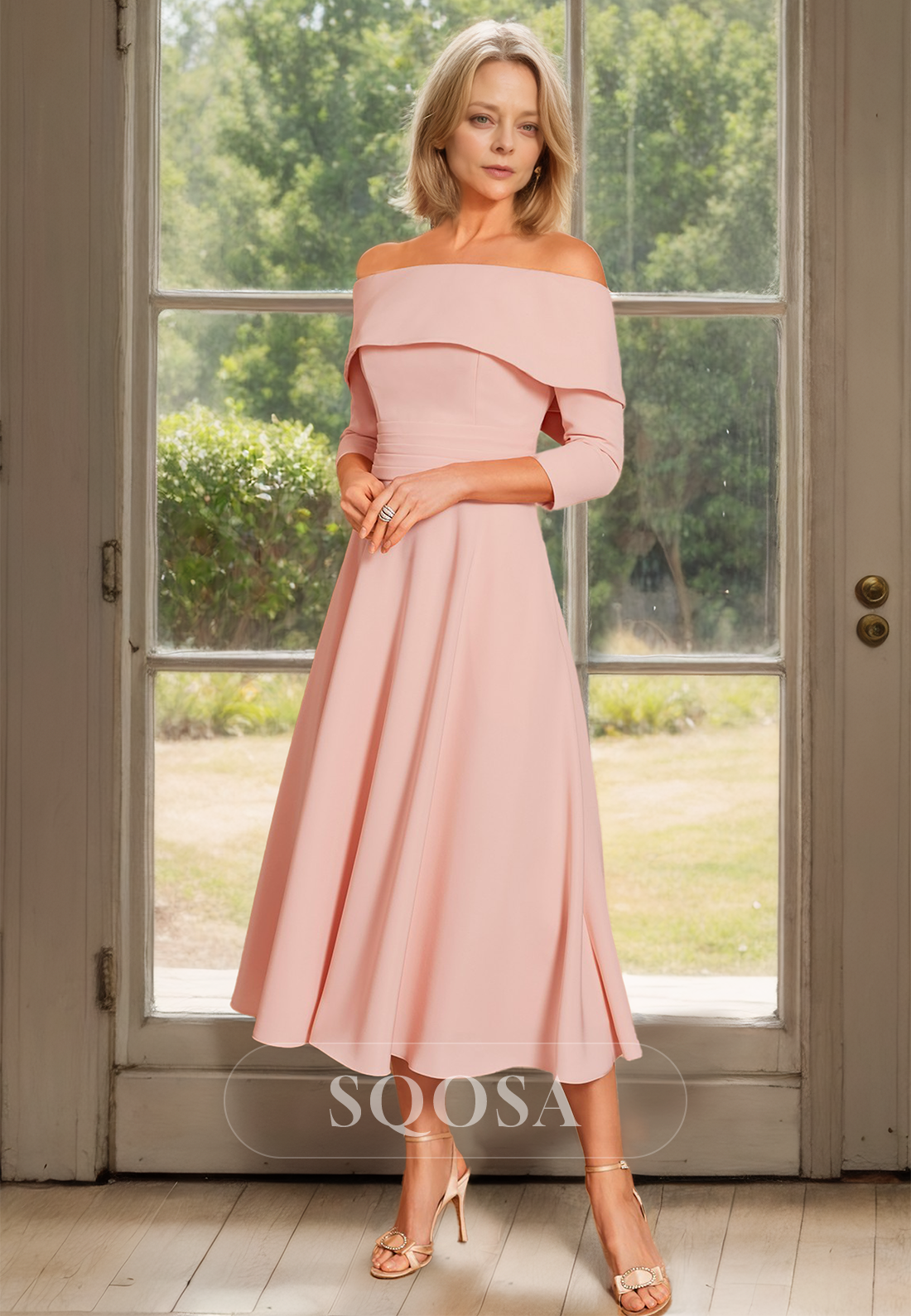 Tube Top Long-Sleeves Chiffon Pleated Cocktail Gowns Off-Shoulder Midi Mother of the Bride Dress