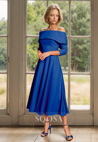 Tube Top Long-Sleeves Chiffon Pleated Cocktail Gowns Off-Shoulder Midi Mother of the Bride Dress