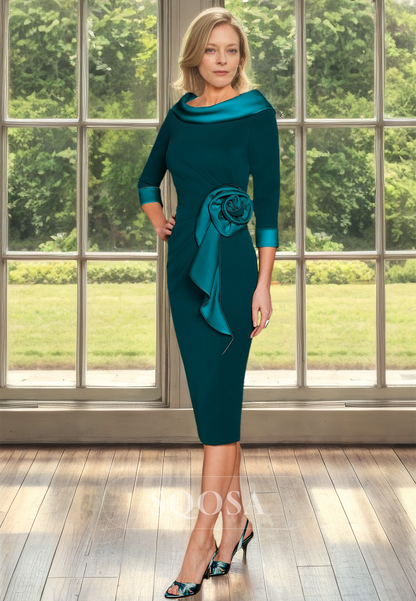 Long-Sleeves Scoop-Neck Mermaid Cocktail Gowns Pleated Two Tone Midi Mother of the Bride Dress