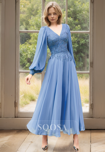 Long-Sleeves Pleated V-Neck Midi Cocktail Dress Beaded Applique Chiffon Mother of the Bride Dress