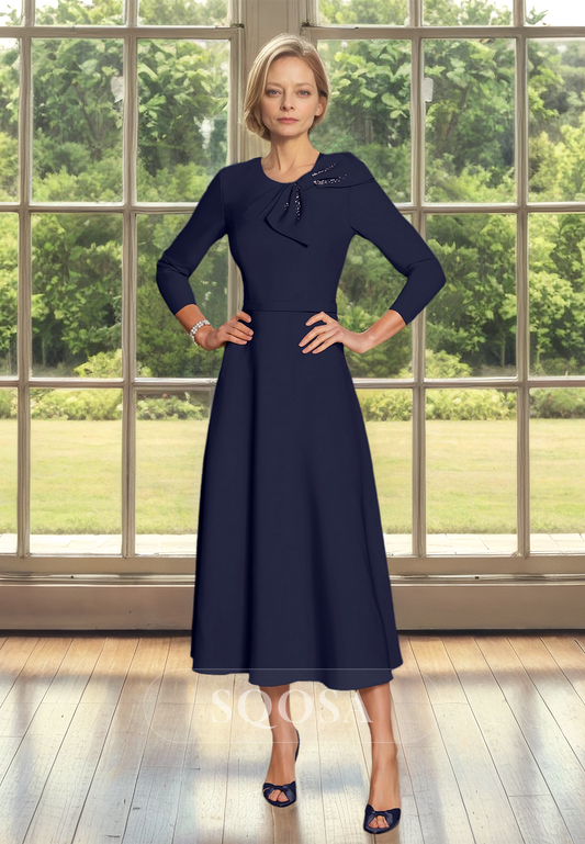 A-Line Long-Sleeves Midi Cocktail Gowns Scoop-Neck Beaded Mother of the Bride Dress with Bow