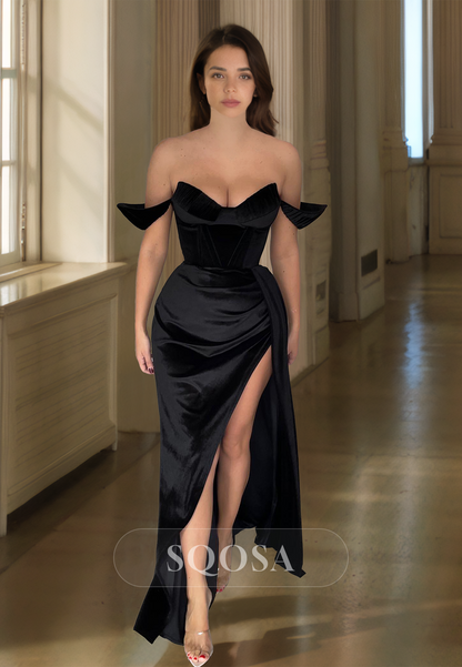 Sweetheart Sleeveless Satin Mermaid Prom Dress Pleated Floor-Length Formal Gowns with High Slit