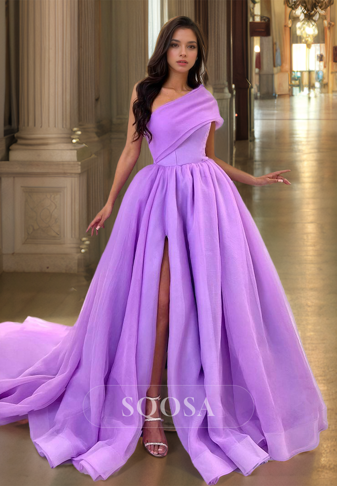 Asymmetrical-Neck Sleeveless Chiffon A-Line Prom Dress Pleated High Slit Train Formal Gowns