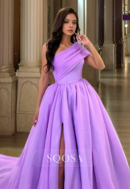 Asymmetrical-Neck Sleeveless Chiffon A-Line Prom Dress Pleated High Slit Train Formal Gowns