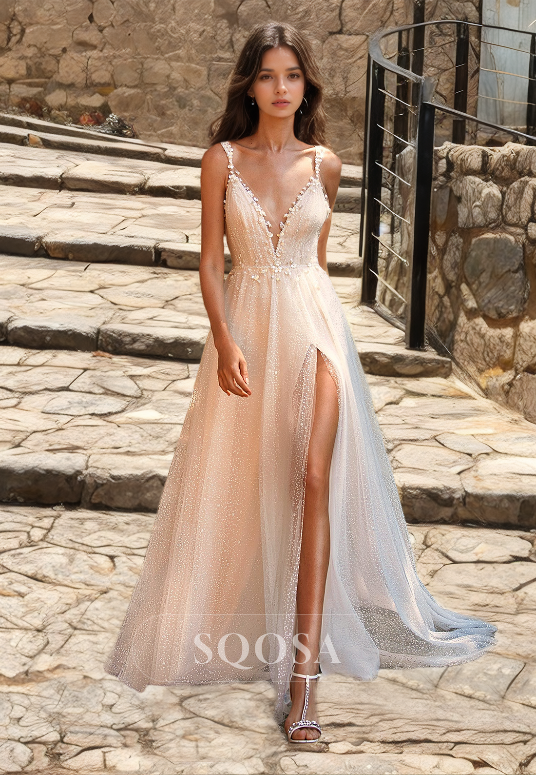 Deep V-Neck Spaghetti Straps A-Line Wedding Dress Glitter-Knit Beaded Floor-Length Slit Beach Bride Gowns