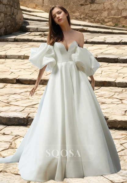 Sweetheart Puff-Sleeves Satin A-Line Wedding Dress Off-Shoulder Train Bride Gowns