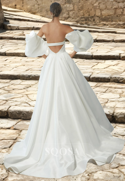 Sweetheart Puff-Sleeves Satin A-Line Wedding Dress Off-Shoulder Train Bride Gowns