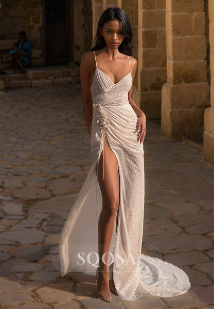 Spaghetti Straps Pleated V-Neck Fitted Boho Wedding Dress High Slit Sweep Train Glitter-Knit Beach Bride Gowns