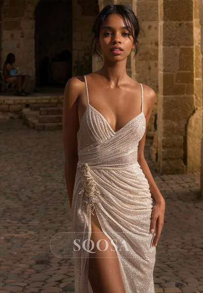 Spaghetti Straps Pleated V-Neck Fitted Boho Wedding Dress High Slit Sweep Train Glitter-Knit Beach Bride Gowns