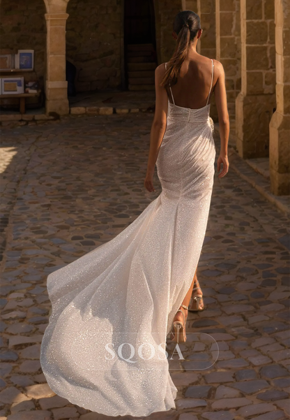 Spaghetti Straps Pleated V-Neck Fitted Boho Wedding Dress High Slit Sweep Train Glitter-Knit Beach Bride Gowns