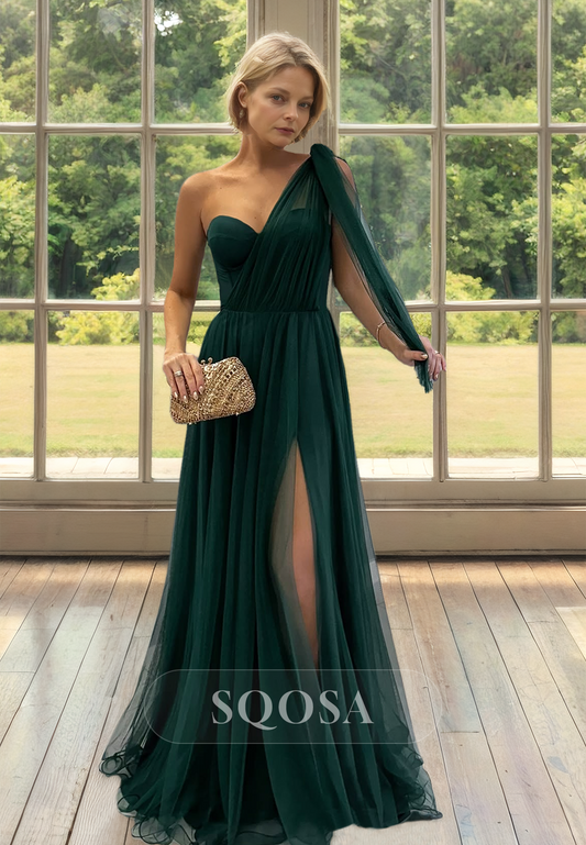 One-Strap Sweetheart Sleeveless Tulle Mother of the Bride Dress Pleated Floor-Length Cocktail Gowns with High Slit