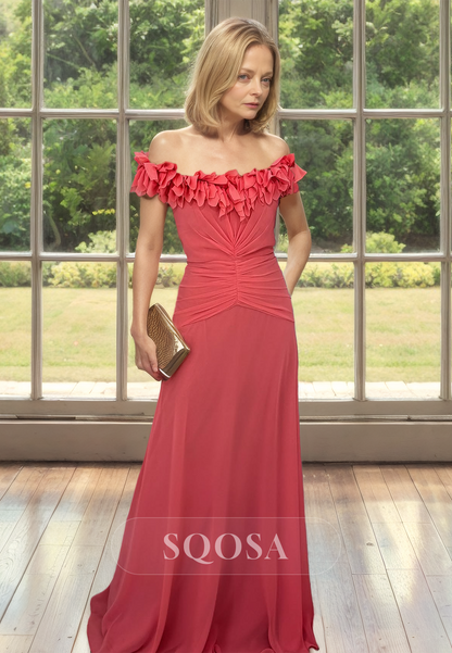 Ruffled Scoop-Neck Pleated Cocktail Gowns Sleeveless Floor-Length Fitted Mother of the Bride Dress