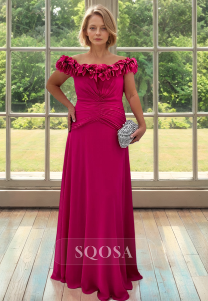 Ruffled Scoop-Neck Pleated Cocktail Gowns Sleeveless Floor-Length Fitted Mother of the Bride Dress