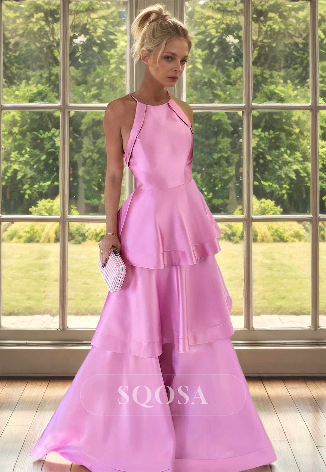 Halter Scoop-Neck Off-Shoulder Satin Cocktail Dress Sleeveless Tiered Mother of the Bride Gowns