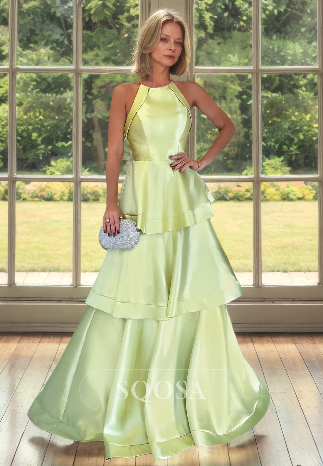 Halter Scoop-Neck Off-Shoulder Satin Cocktail Dress Sleeveless Tiered Mother of the Bride Gowns