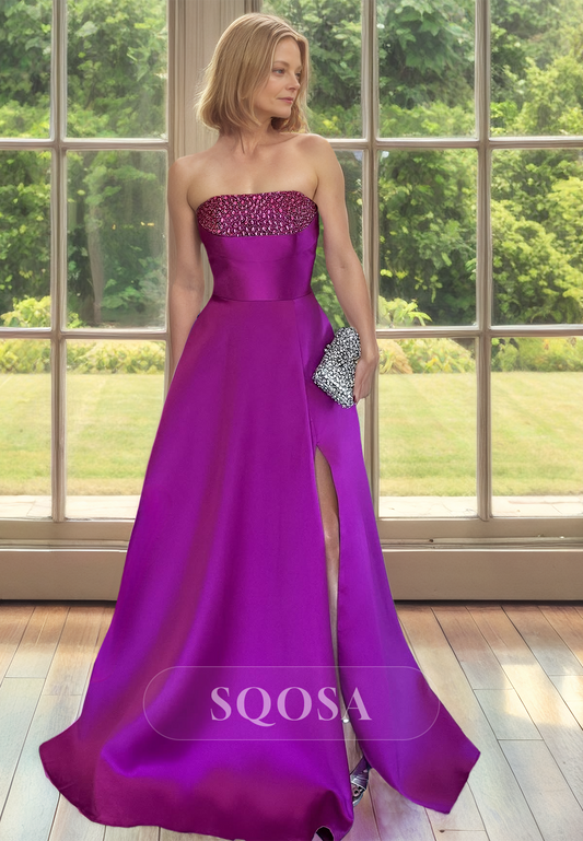 Tube Top Off-Shoulder Sleeveless Floor-Length Beaded Satin A-Line Mother of the Bride Dress with Slit